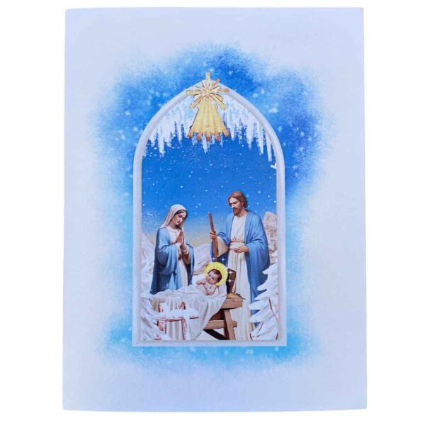 Scène complète de la Nativité en 3D sur la carte de vœux pop-up religieuse.