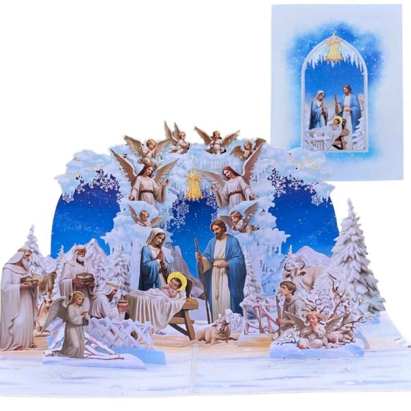 Carte pop-up de la Nativité ouverte, créant une mini-crèche de Noël traditionnelle.